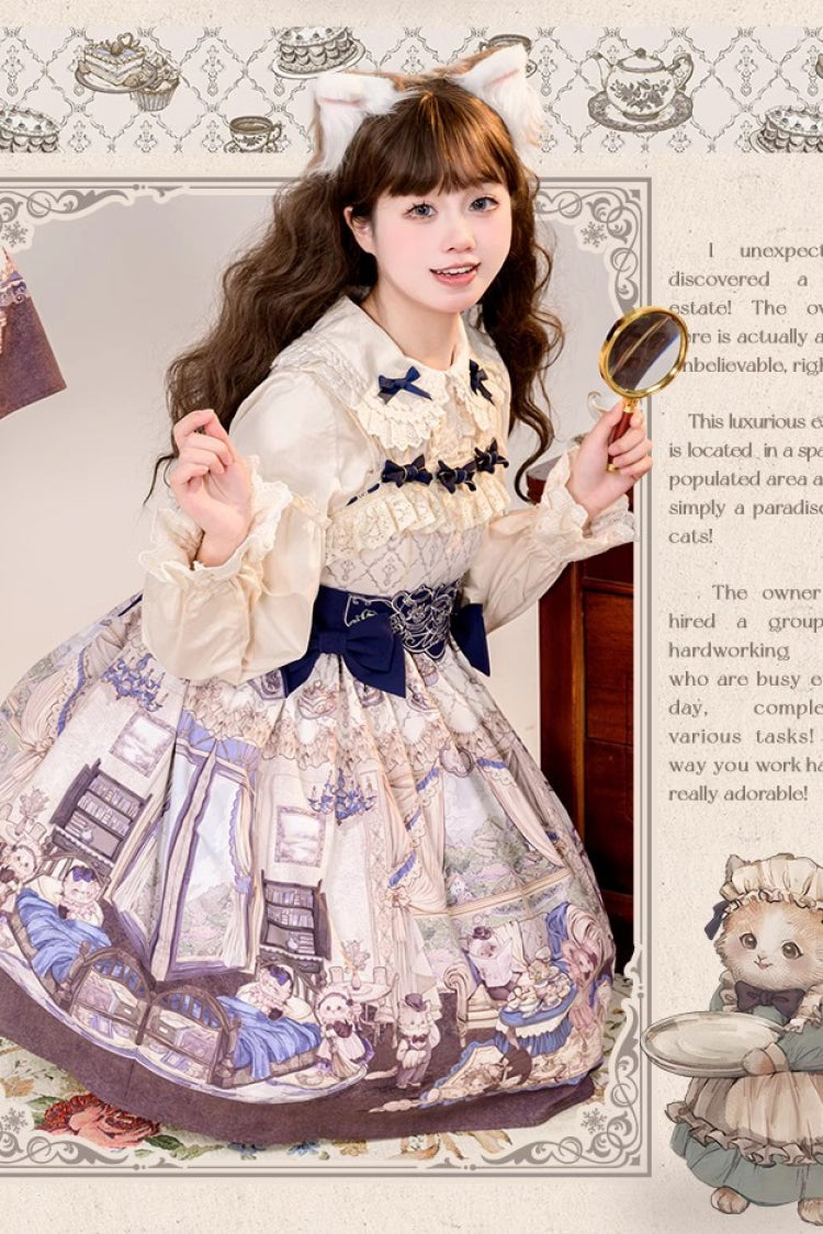 Multi-Color Cat Manor Print Embroidery Bowknot Sweet Lolita JSK Dress - Product - 2