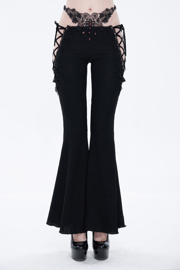 Black Low-Rise Lace Gem-Embellished Bilateral Lace-Up Cutout Flared Women's Gothic Pants - Black - 1