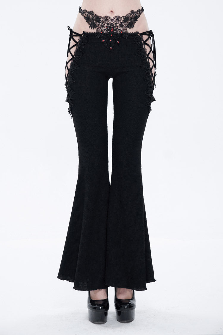 Black Low-Rise Lace Gem-Embellished Bilateral Lace-Up Cutout Flared Women's Gothic Pants - Black - 1