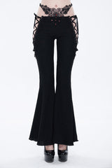 Black Low-Rise Lace Gem-Embellished Bilateral Lace-Up Cutout Flared Women's Gothic Pants - Black - 1