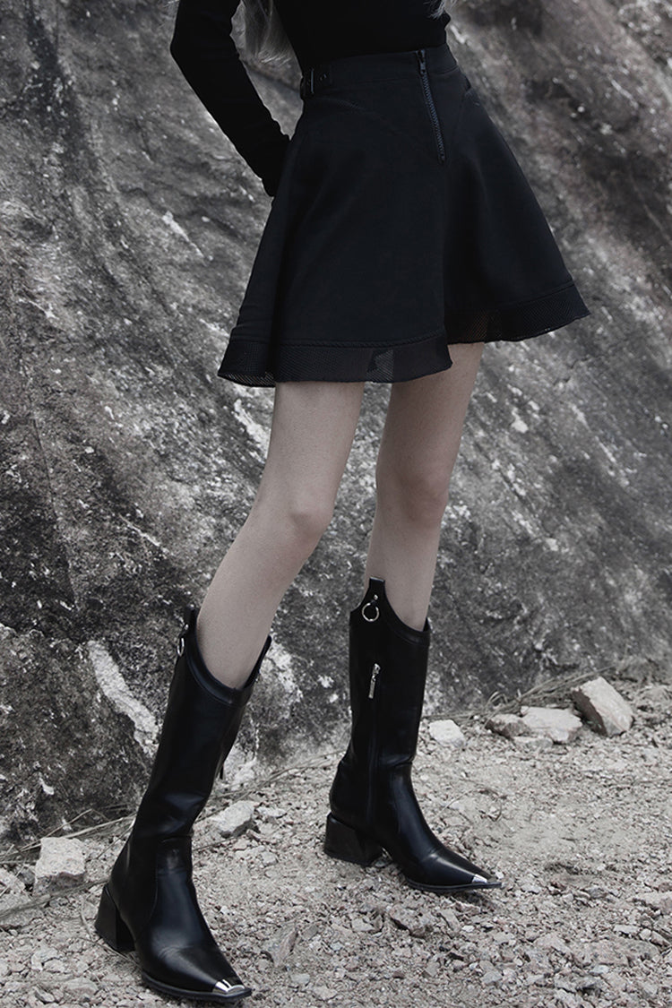Black Chiffon Plaid Large-Hole Mesh Stitching V-Word Segmentation Design Sun-Hem Women's Punk Skirt - Product - 2