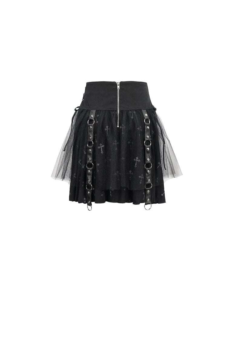 Black Cross Print Side Waist Straps Detachable Metal Chain Women's Punk Skirt - Product - 8