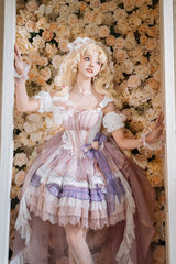 Pink/Purple [Rose Memoirs] Sleeveless Multi-Layered Bowknot Lace Sweet Lolita Skirt Set - Product - 2
