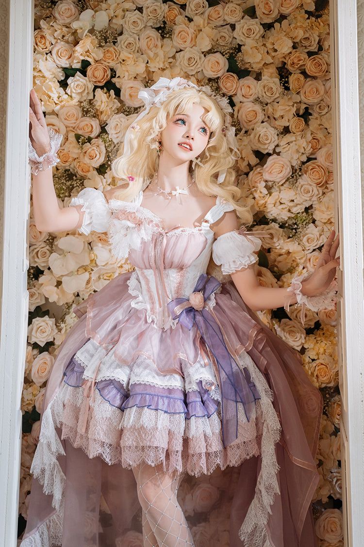 Pink/Purple [Rose Memoirs] Sleeveless Multi-Layered Bowknot Lace Sweet Lolita Skirt Set - Product - 2