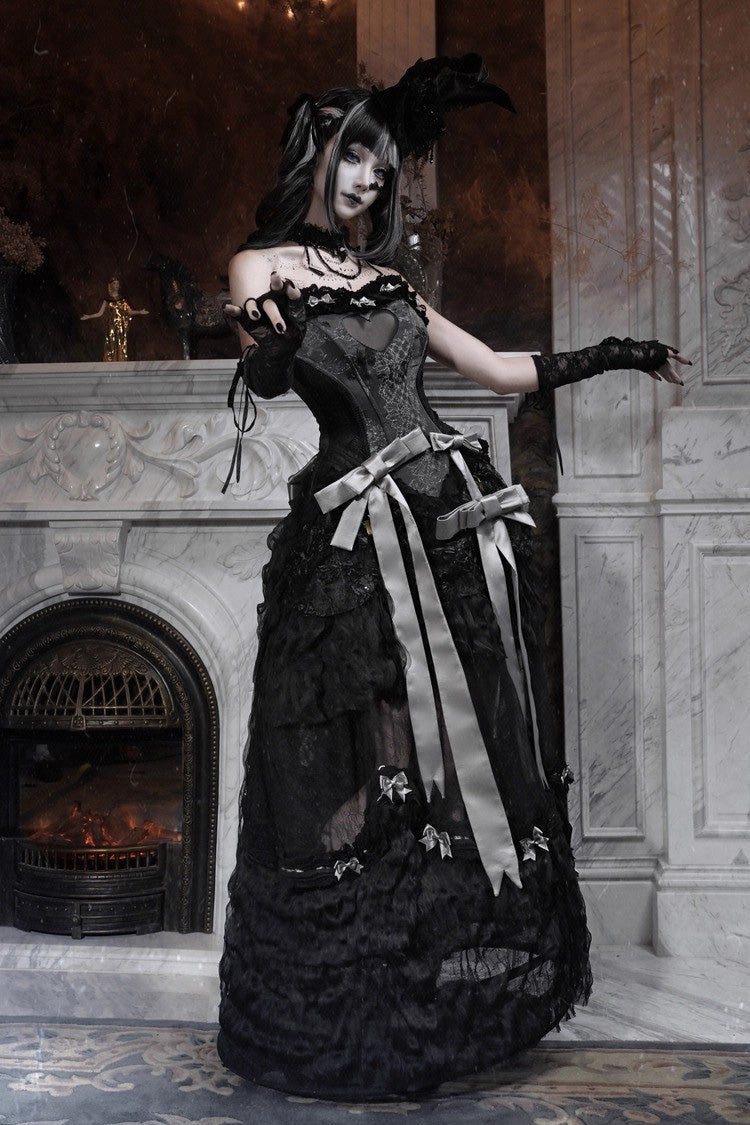 Black [Cupid’s Magic Box] Basel French Ruffle Embroidery Bowknot Lace Gothic Elegant Lolita Long Skirt - Product - 5