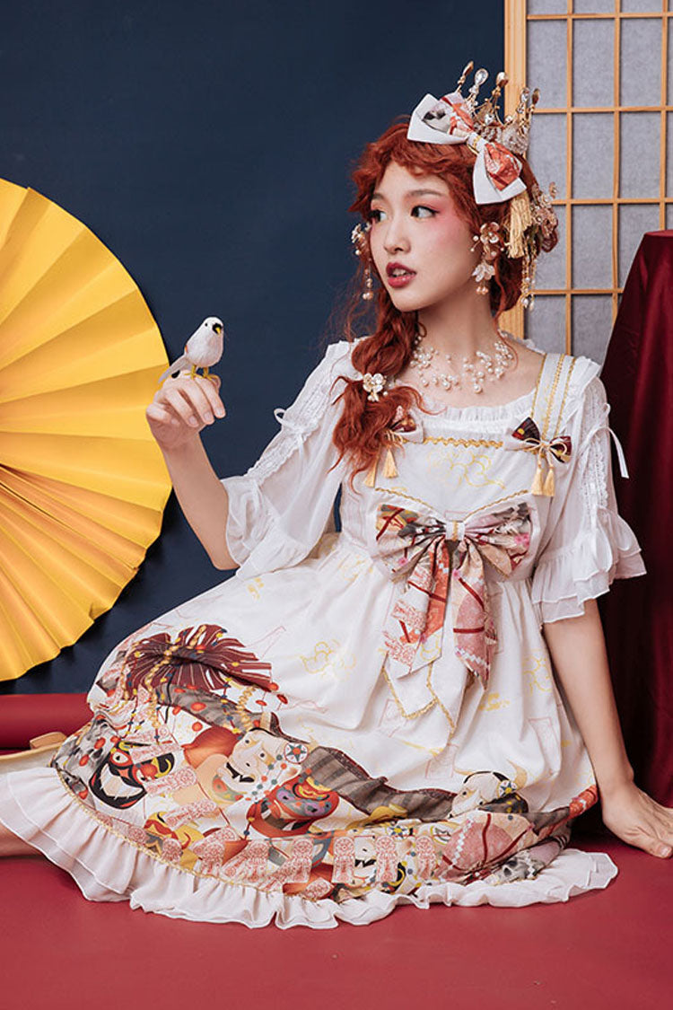 White Demon Mask Print Bowknot High Waisted Sling Sweet Lolita Dress - Product - 3
