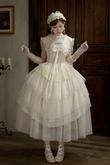 White [Dream by the Pillow] Triple-Layered Ruffled Bow Lace Sweet Elegant Lolita Dress - Product - 14