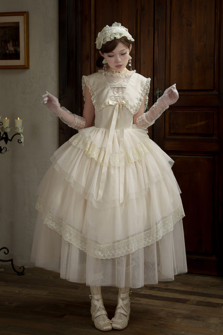 White [Dream by the Pillow] Triple-Layered Ruffled Bow Lace Sweet Elegant Lolita Dress - Product - 14