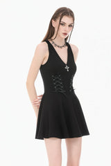 Black Cross Plunging Sleeveless Side Corset Lace-Up Women's Gothic Short Dress - Product - 8