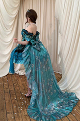 Blue/Green [Peacock Spirit Princess] Sleeveless Multi-Layered Ruffled Bow Lace-Up Classic Elegant Lolita Jsk Dress - Product - 8