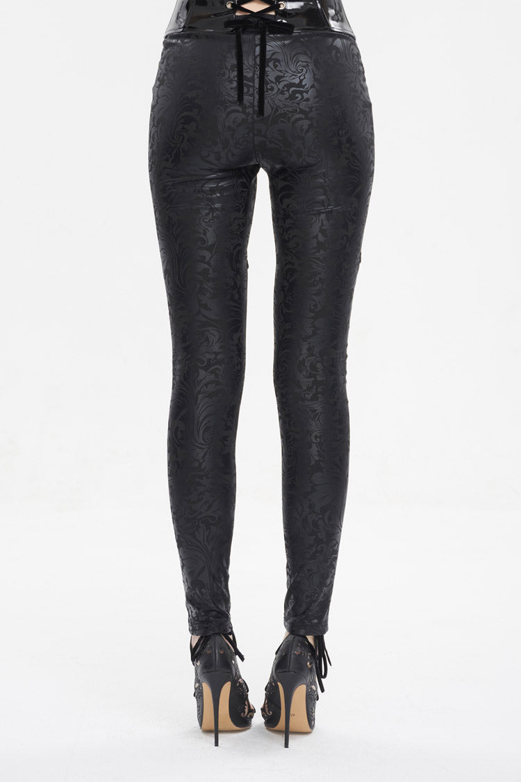 Black Floral Embroidered Mesh Splice Women's Gothic Leggings - Product - 5