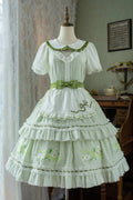 Green Doll Collar Short Sleeves Plaid Print Ruffle Hollow Embroidery Bowknot Sweet Elegant (Set) front view