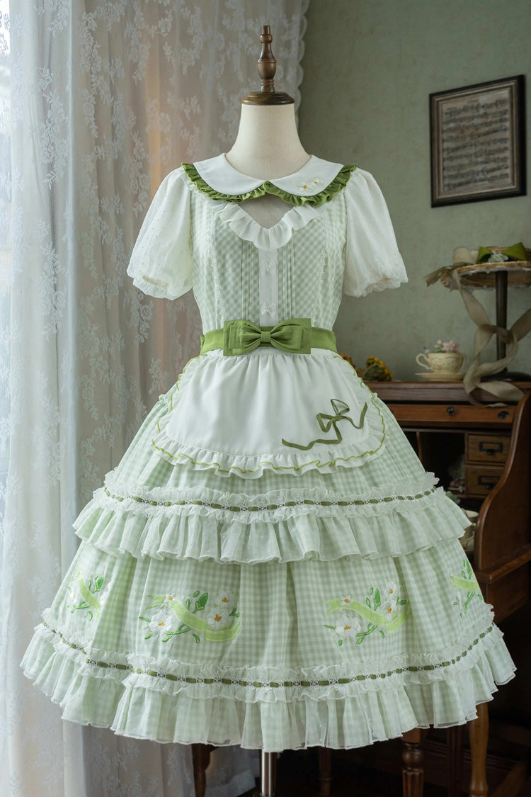 Green Doll Collar Short Sleeves Plaid Print Ruffle Hollow Embroidery Bowknot Sweet Elegant Lolita Dress - Green - 1