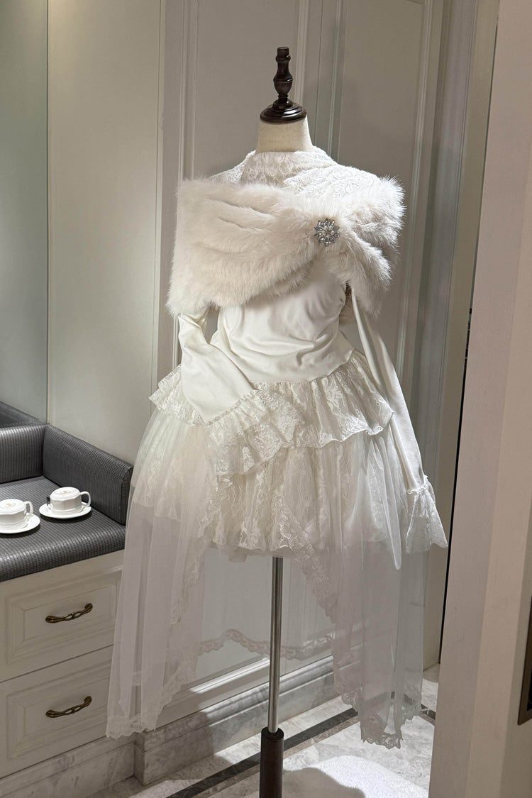White [First Snow] Long Sleeves Lace Irregular Sweet Lolita Skirt Three-piece Set - Product - 3