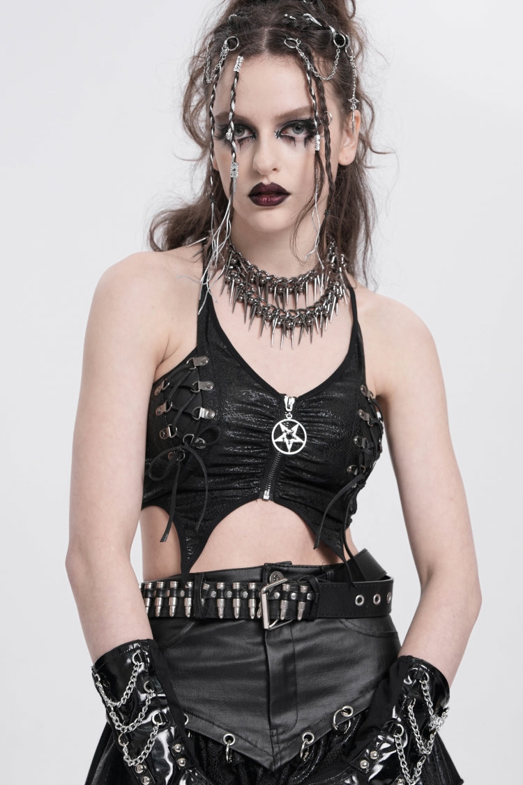 Black Sleeveless Stitching Irregular Mesh Women's Punk Tank Top - Product - 8