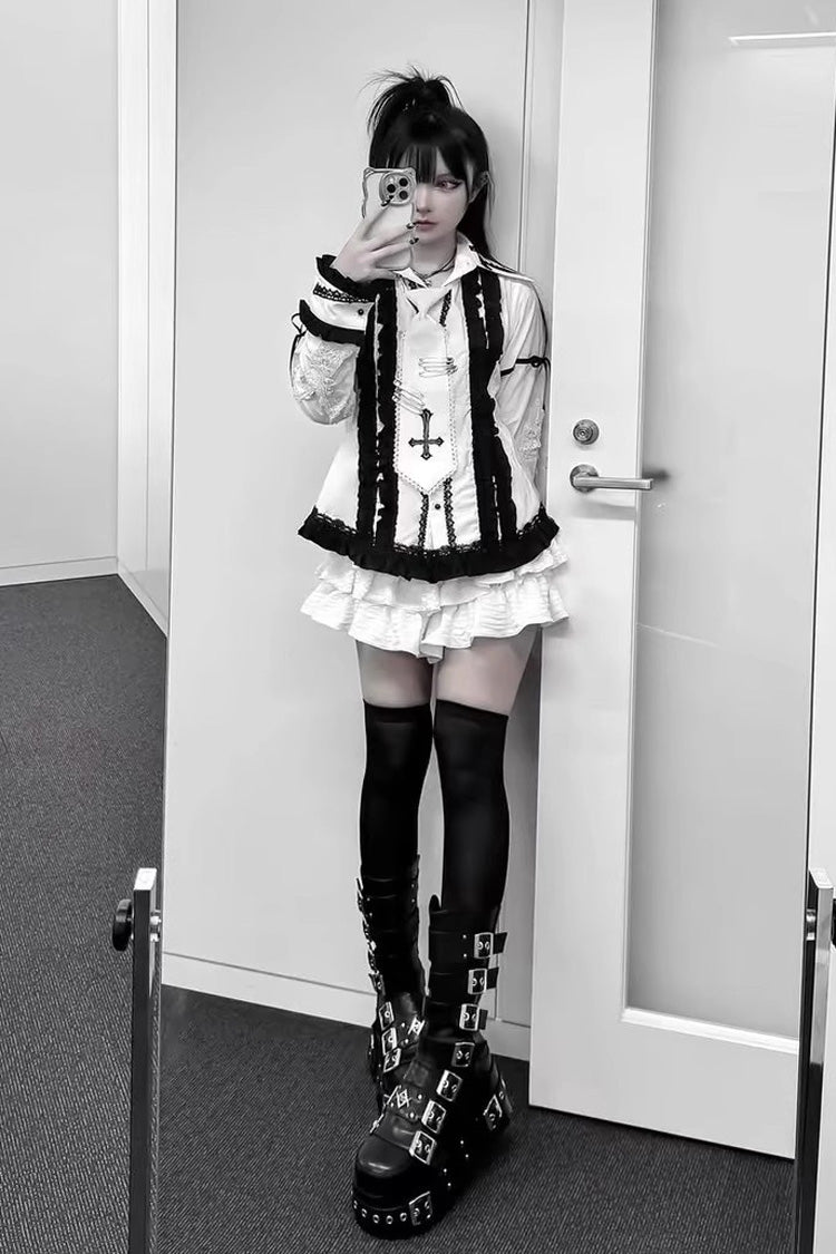 White/Black Lapel Collar Long Sleeves Embroidery Gothic Jirai Kei Blouse - Product - 5