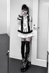 White/Black Lapel Collar Long Sleeves Embroidery Gothic Jirai Kei Blouse - Product - 5