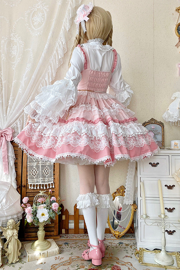Pink Sleeveless Multi-Layered Ruffle Bowknot Lace Sweet Gorgeous Lolita Doll Jsk Dress - Product - 5