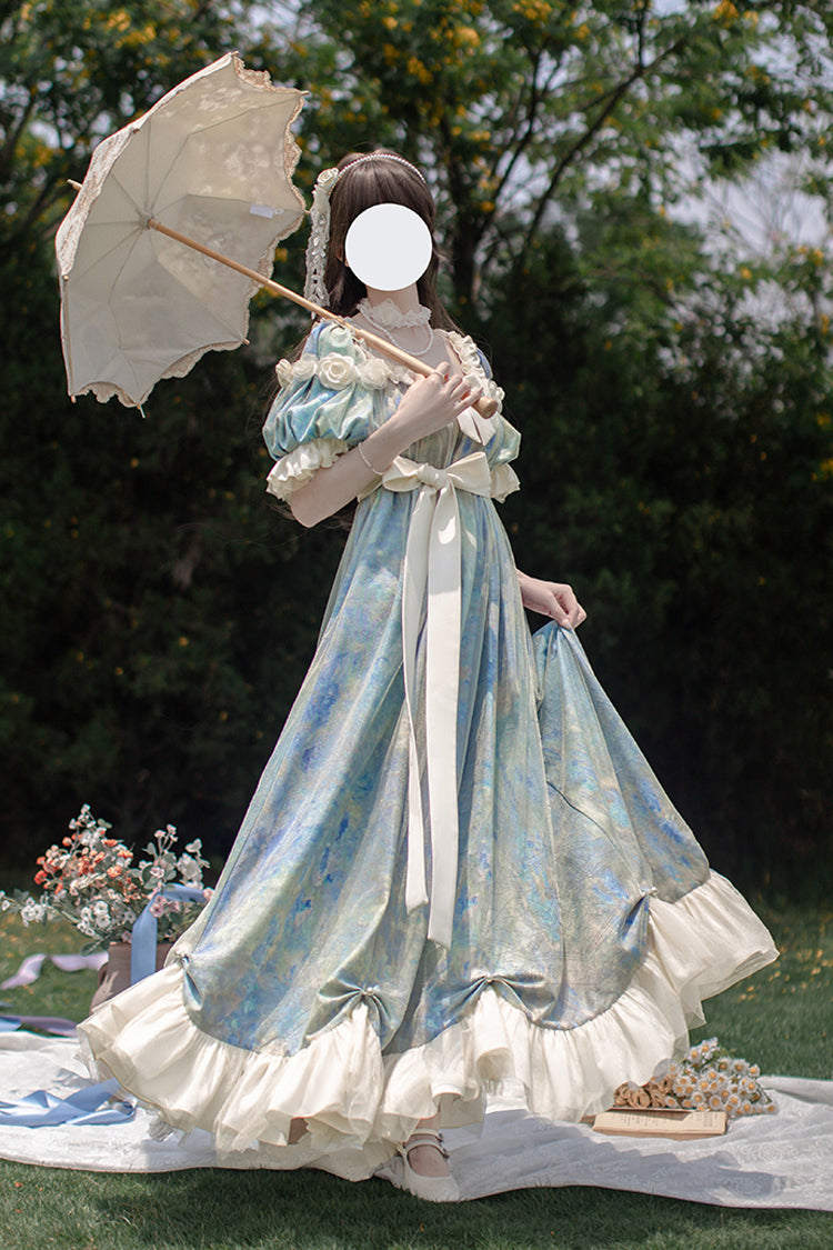 Blue [Oil Painting Sun and Moon Poem] Short Sleeves Print Ruffle Bowknot Sweet Princess Lolita Dress - Product - 8