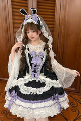 Black/Purple [Prelude of Ribbons] Square Collar Sleeveless Jacquard Ruffled Open-Front Bow Lace Pearl Detail Floral Wall Plus Size Sweet Lolita Jsk Dress - Black/Purple - 1