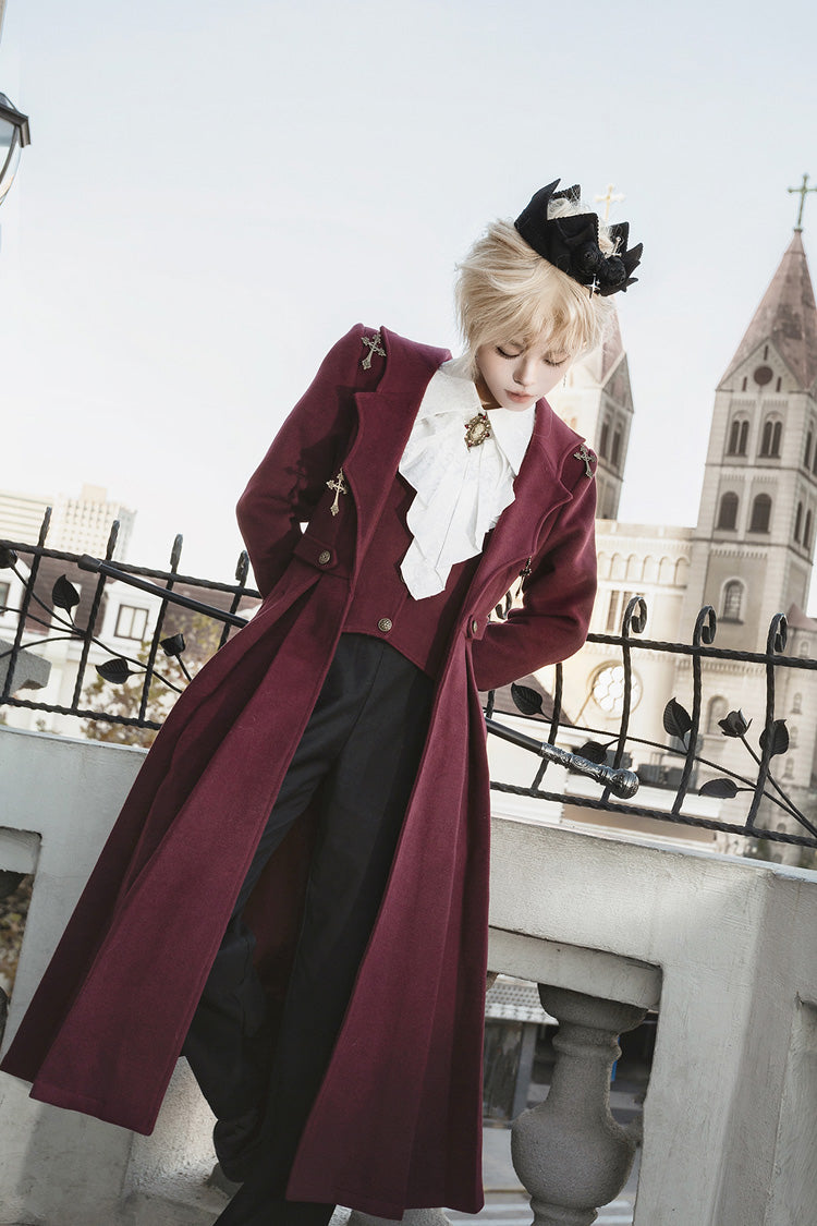 Red [The Legend of Dracula] Bat Collar Long Sleeves Prince Handsome Ouji Lolita Coat - Product - 6