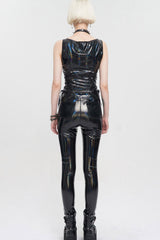 Black Punk Elasticity Color Changing Bright Leather Front Middle Zipper Drawstring On Both Sides Women's Waistcoat - Product - 4
