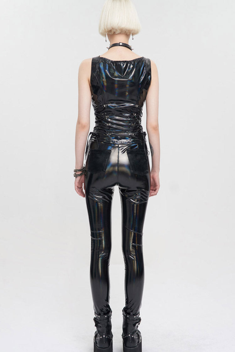 Black Punk Elasticity Color Changing Bright Leather Front Middle Zipper Drawstring On Both Sides Women's Waistcoat - Product - 4