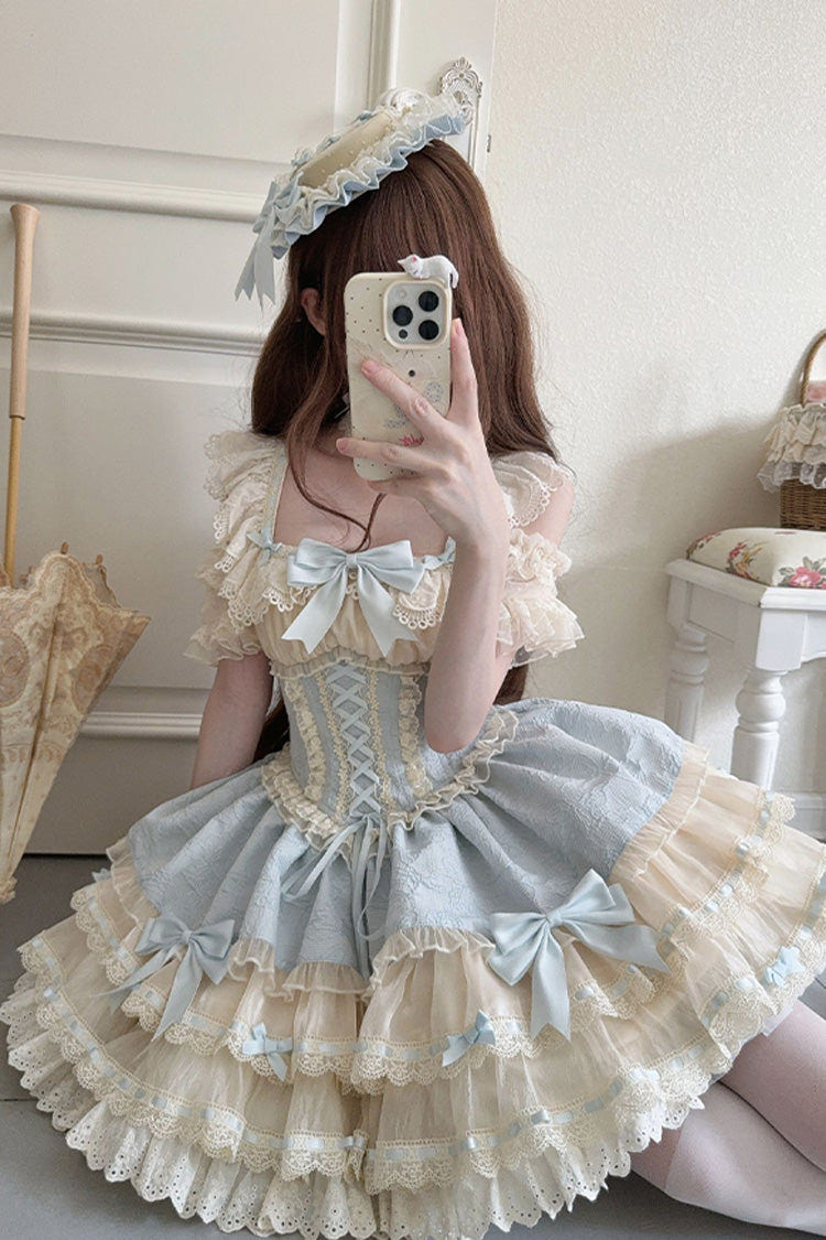 Blue [Flory Butterfly] Double-Layered Ruffle Bowknot Lace Lace-Up Sweet Ballet Lolita Jsk Dress - Product - 6
