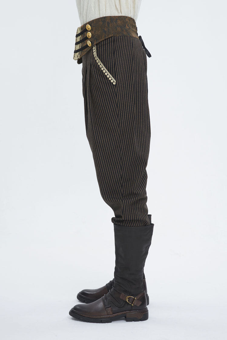 Brown High Waisted Striped  Lace-Up Men's Gothic Pants - Product - 3