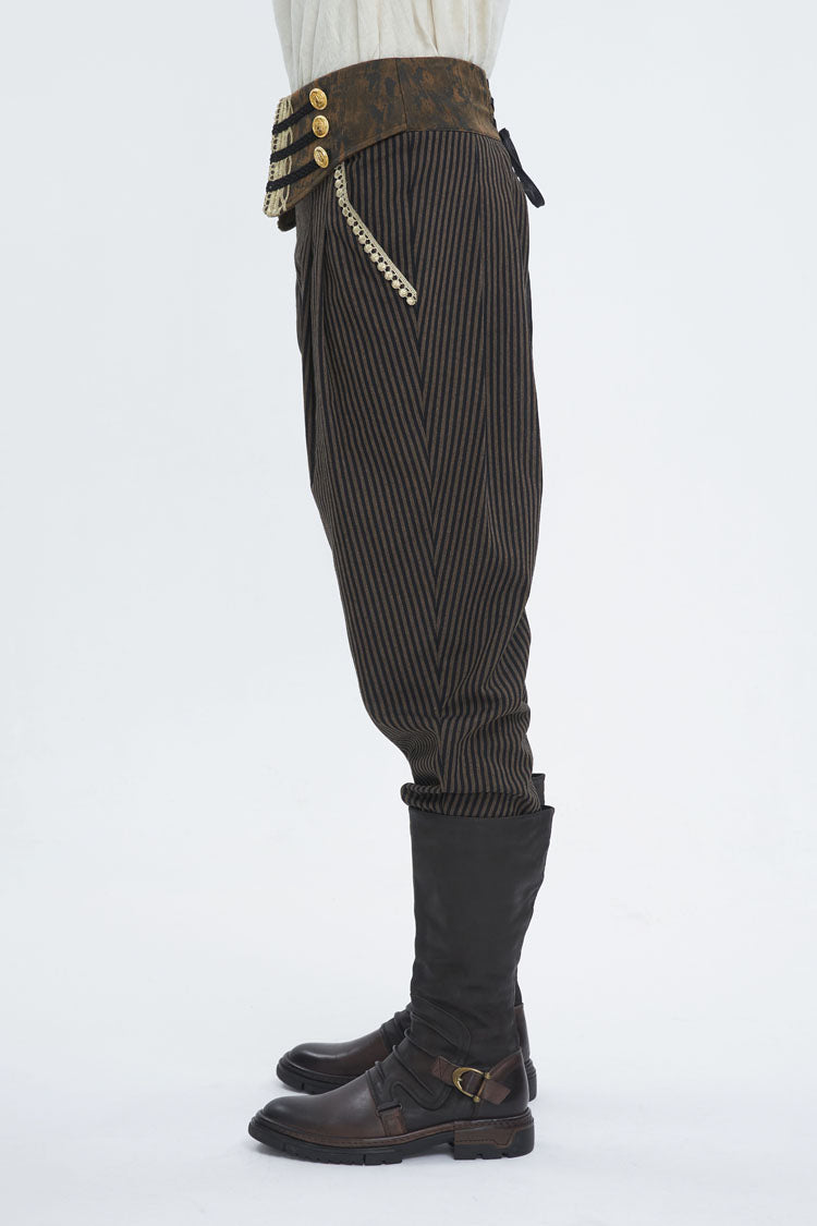Brown High Waisted Striped  Lace-Up Men's Gothic Pants - Product - 3