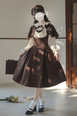 Brown/White [Sunset Academy] Long Sleeves Ruffle Bowknot Fake Two Pieces Vintage College Style Elegant Lolita Dress - Brown/White - 1
