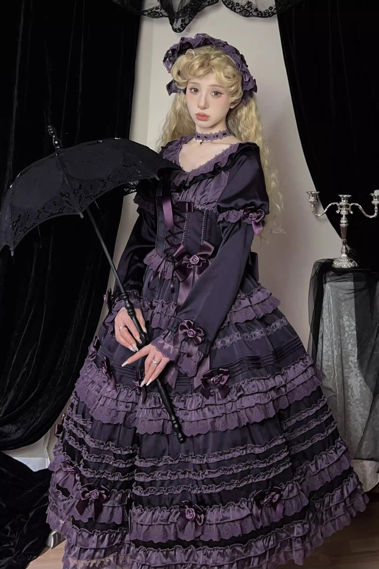 Purple Layered Blackcurrant Short Sleeves Ruffle Bowknot Lace Sweet (Set) detail view 6