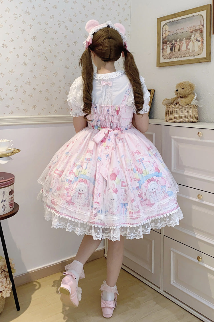Pink [Cute Rabbit Sweet Cake] Print Ruffle Bowknot Lace Sweet Lolita Jsk Dress - Product - 2