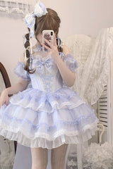 Blue Multi-layer Ruffle Hanayome Bowknot Lace Halter Neck Sweet Princess Lolita Dress - Product - 5