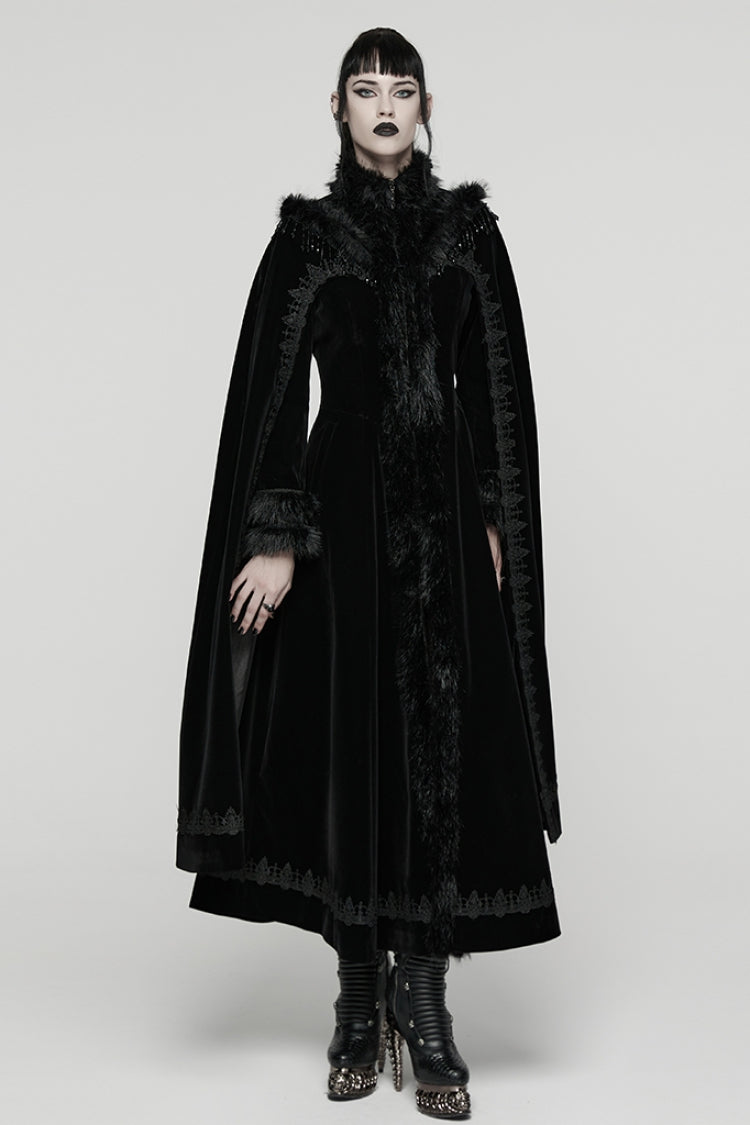 Black Stand Collar Embroidered Lace-Up Women's Gothic Coat - Black - 1