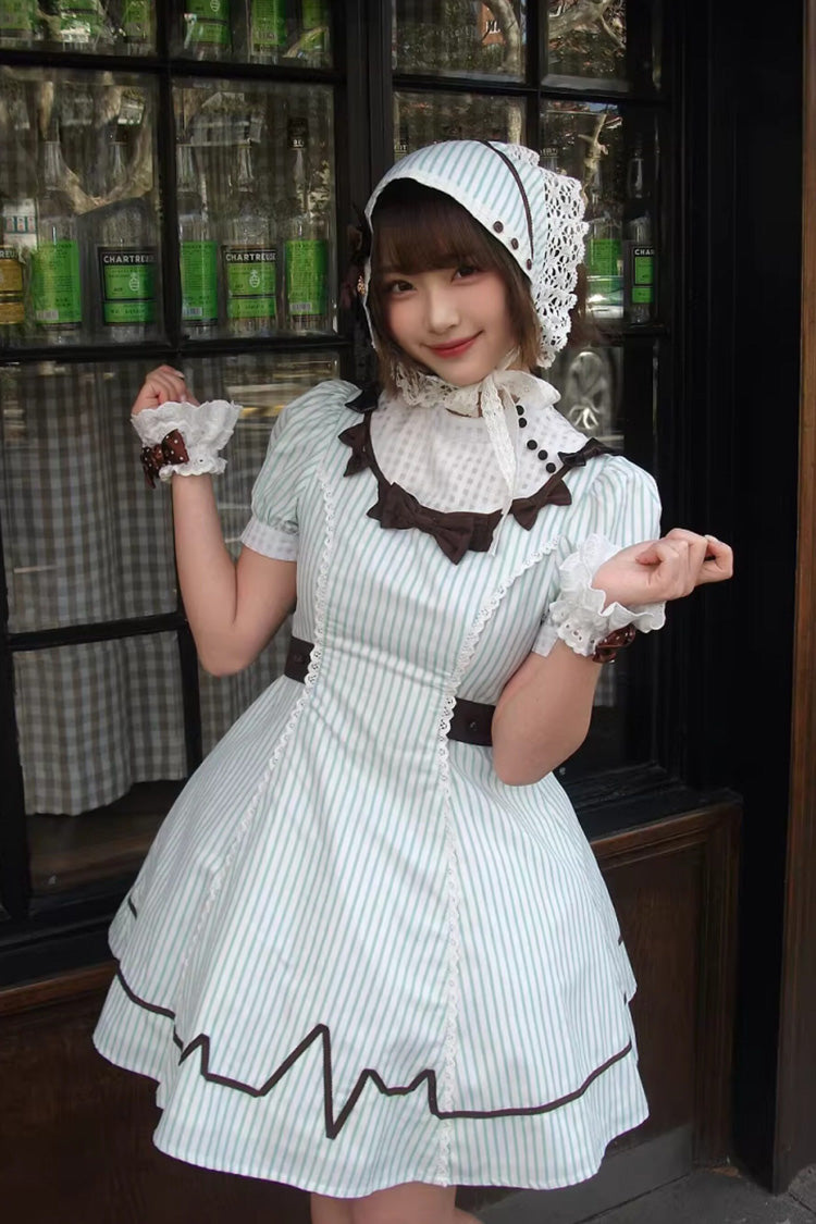 Light Green [Mint Prescription] Stand Collar Short Sleeves Vertical Stripe Printed Bow Sweet Lolita Nurse Dress - Product - 12