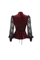 Red Velvet High Neck Lace Fake Bra Design Splicing Three-Dimensional Butterfly Mesh Women's Gothic Shirt - Product - 10