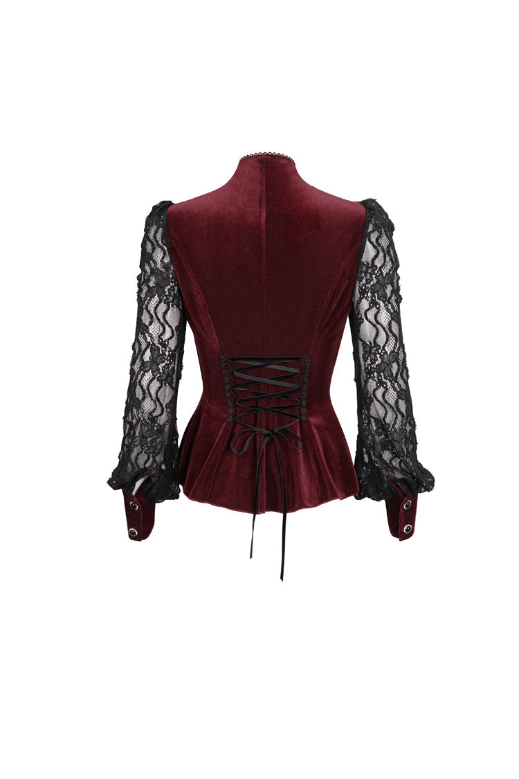Red Velvet High Neck Lace Fake Bra Design Splicing Three-Dimensional Butterfly Mesh Women's Gothic Shirt - Product - 10