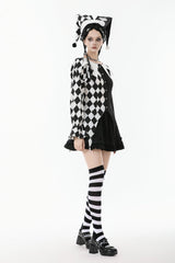 Black/White Harlequin Collar Diamond Pattern Color-Blocked Long Puff Flare Sleeves Women's Gothic Blouse - Product - 9