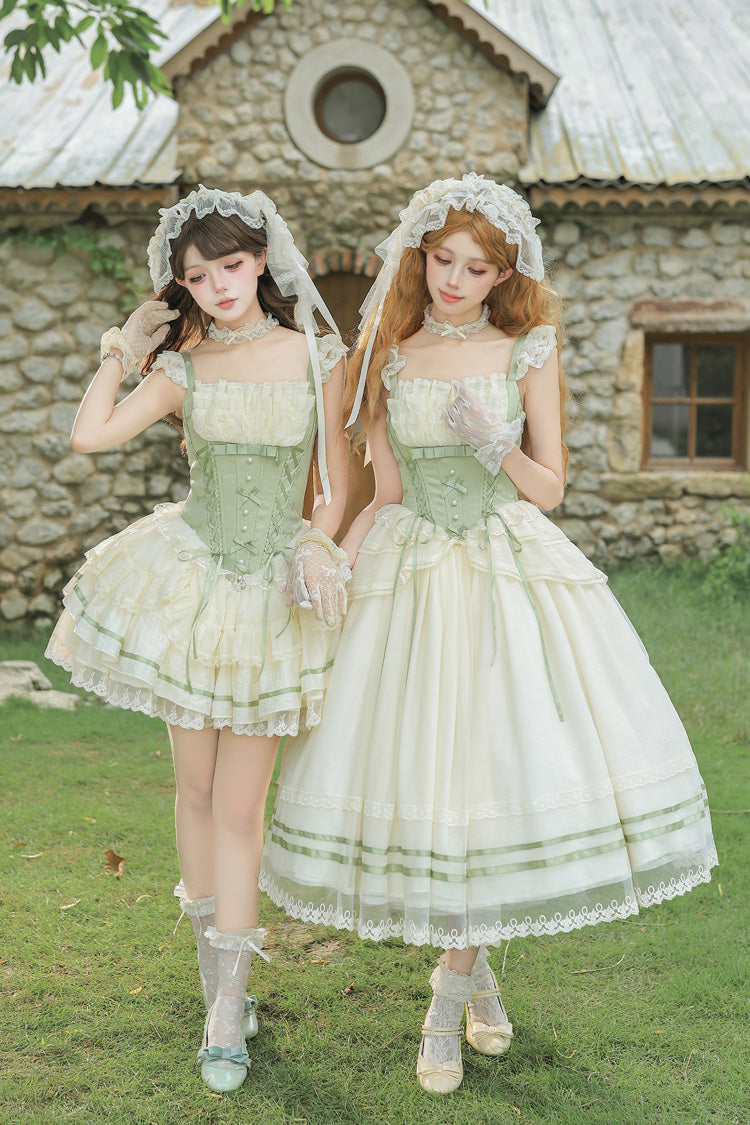 Green Square Collar Sleeveless Multi-Layered Ruffled Bow Lace Fishbone Sweet Lolita Jsk Dress 2 Versions - Green(Short-Version) - 1