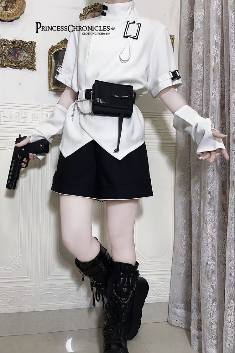 White Functional Style Stand Collar Short Sleeves Ouji Fashion Prince Handsome Lolita Blouse - Product - 8