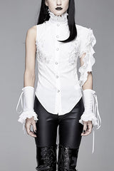 White Ruffled Lace Sleeves Chiffon Swallowtail Womens Gothic Blouse - White - 1