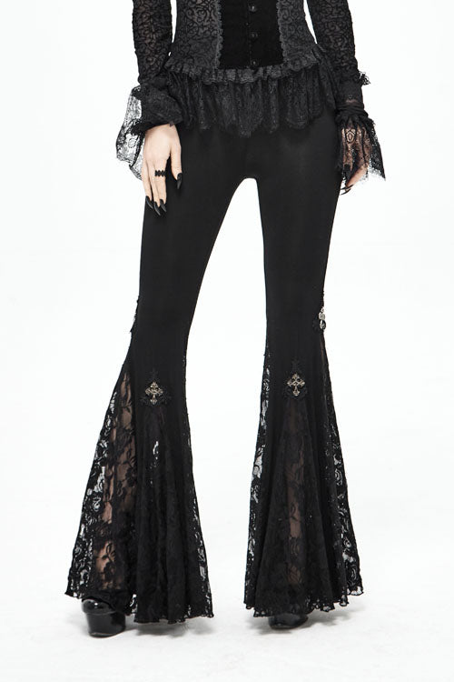 Black Cross Knit Lace Bell Gothic Womens Pants - Black - 1
