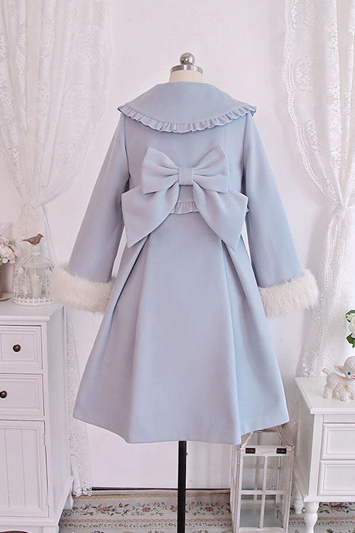 Blue Double Breasted Bowknot Plush Long Sleeves Fake Two-Piece Woolen Lolita Coat - Product - 3