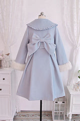 Blue Double Breasted Bowknot Plush Long Sleeves Fake Two-Piece Woolen Lolita Coat - Product - 3