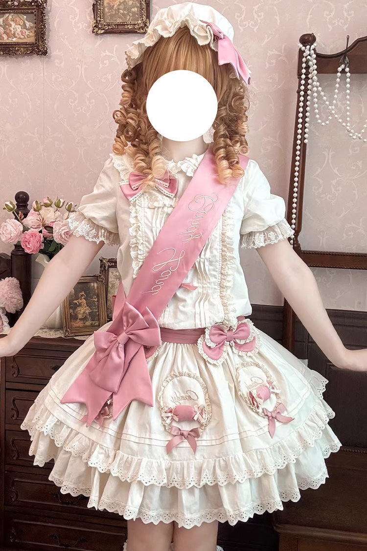 Apricot [Candy Paradise] Doll Collar Short Sleeves Double-Layered Ruffled Bow Sweet Lolita OP Dress - Product - 2