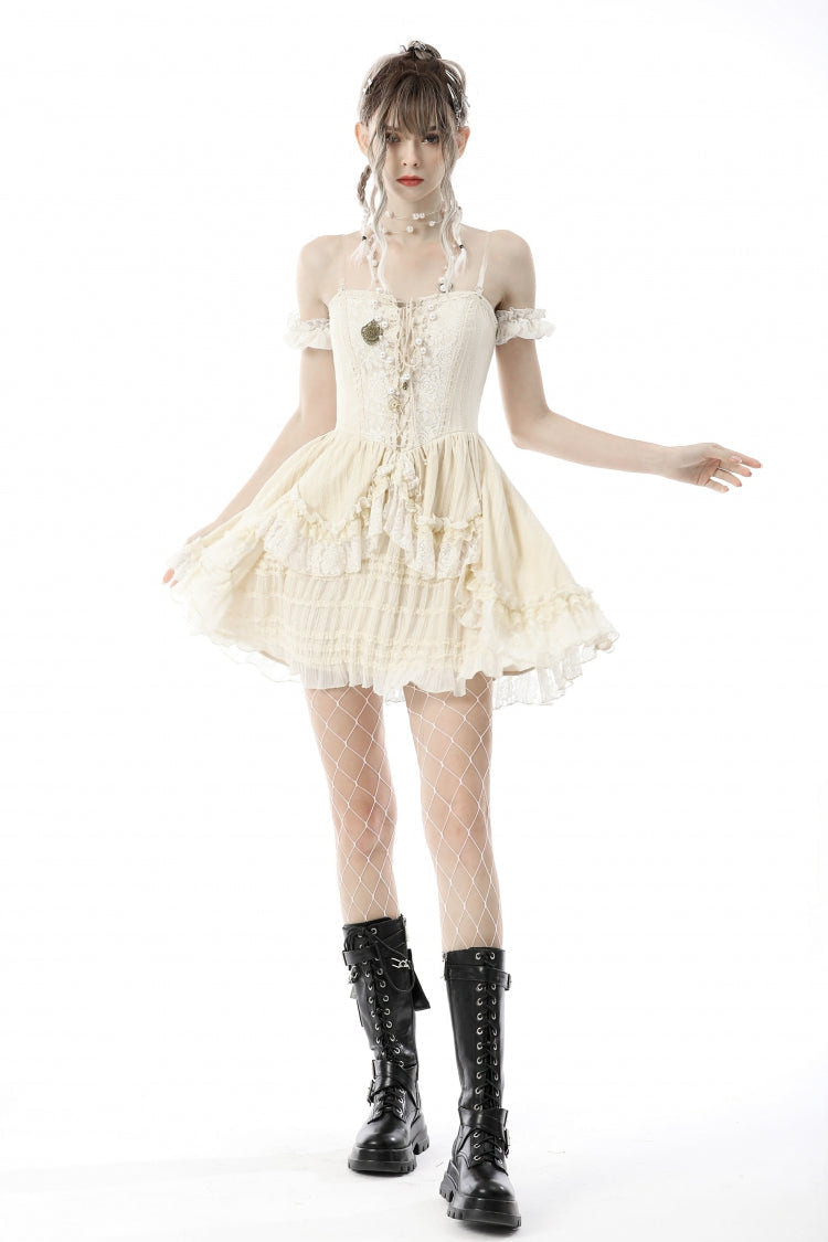 Apricot Short Sleeves Multi-Layered Ruffled Lace Women's Steampunk Slip Graduation Dress - Apricot - 1