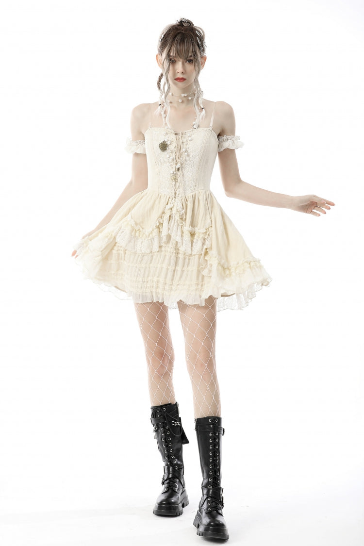 Apricot Short Sleeves Multi-Layered Ruffled Lace Women's Steampunk Slip Graduation Dress - Apricot - 1