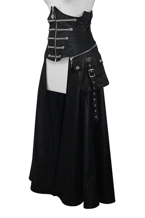 Black Chain Shaped Ribbons Zipper Up Leather Big Swing Punk Womens Half Skirt - Product - 2