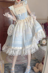 Dream Doll Ballet Rabbit Print Sweet Lolita Jsk Dress 2 Colors - Blue - 1